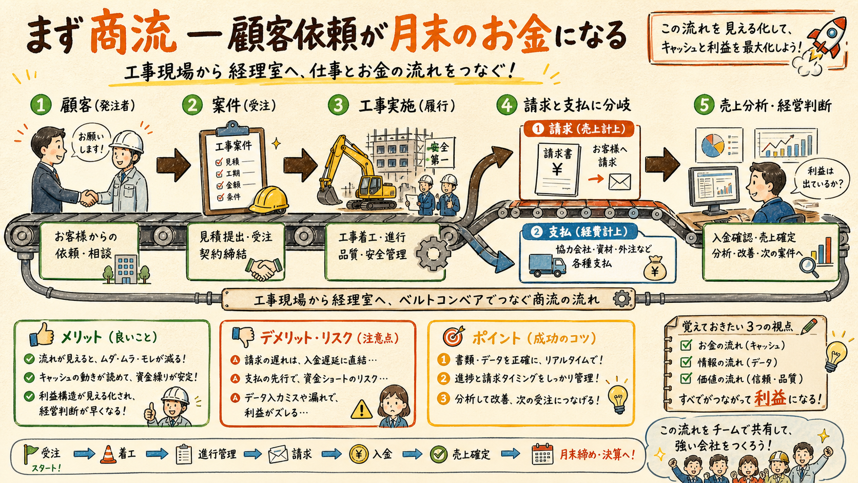 顧客依頼から案件、配置、請求、支払、売上分析へ進む流れの図