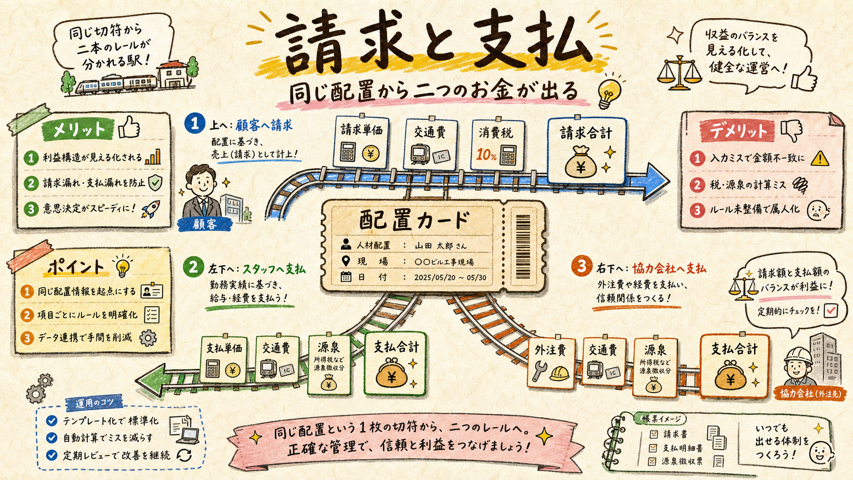 配置データから請求と支払の二本のレールへ分かれる図