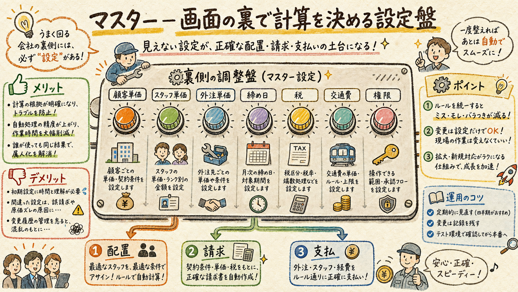 マスタ設定が配置、請求、支払を支える図