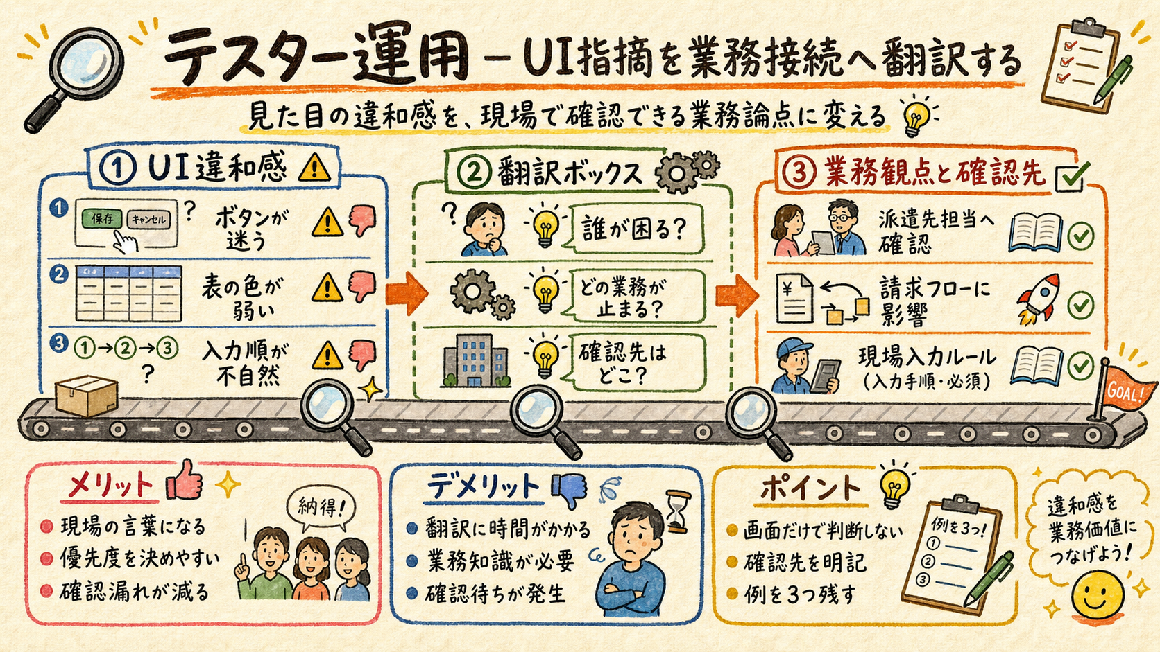 UIの気づきを業務観点に変換する検査ラインの図